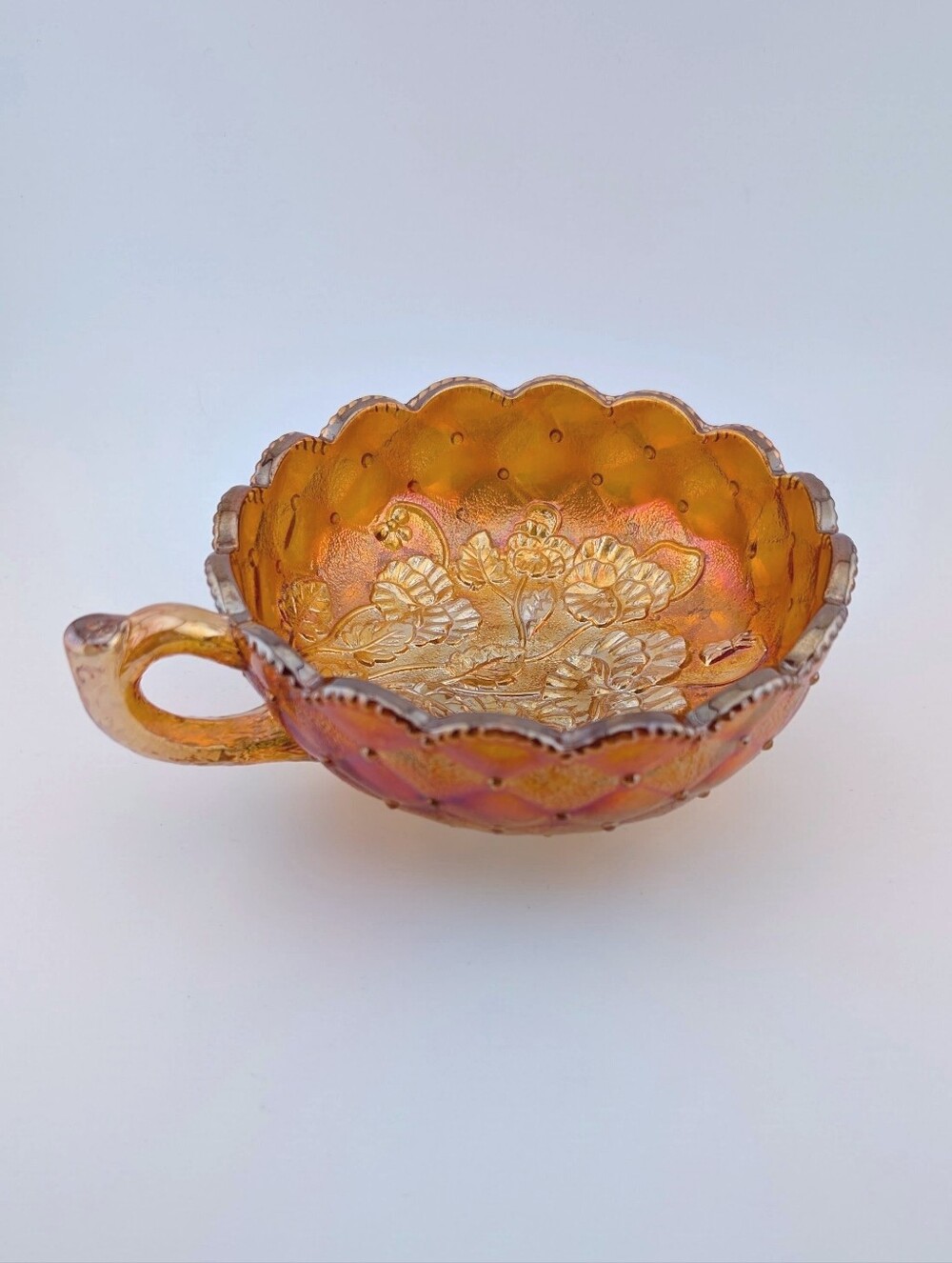 VTG Carnival Glass Decorative Handled Bowl Iridescent Amber Marigold Candy Dish